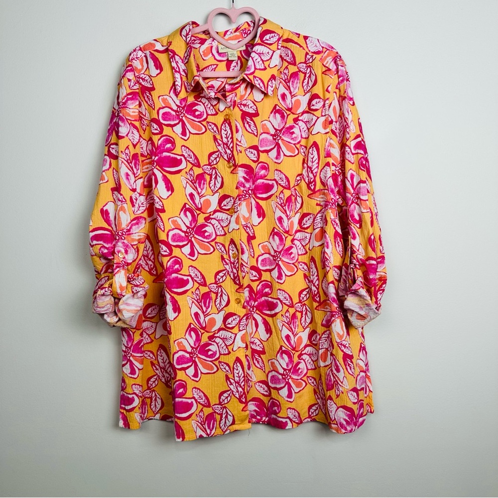 Appleseed's Pink and Yellow Floral Blouse Size 2X